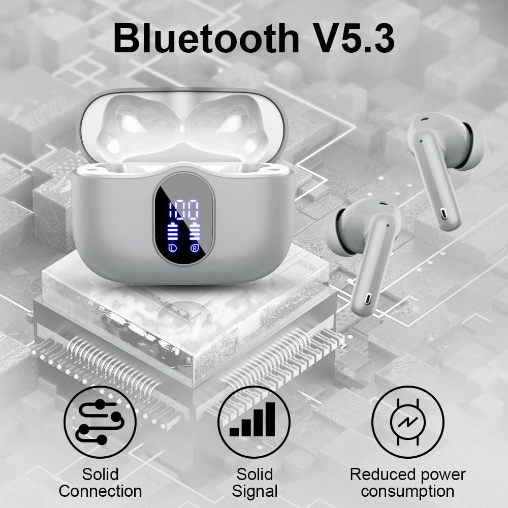 Wireless Earbuds Bluetooth 5.4 Headphones Bass Stereo Ear Buds with Noise Cancelling Mic LED Display in Ear Earphones IP7 Waterproof 36H Playtime for Laptop Pad Phones Sports Workout Grey