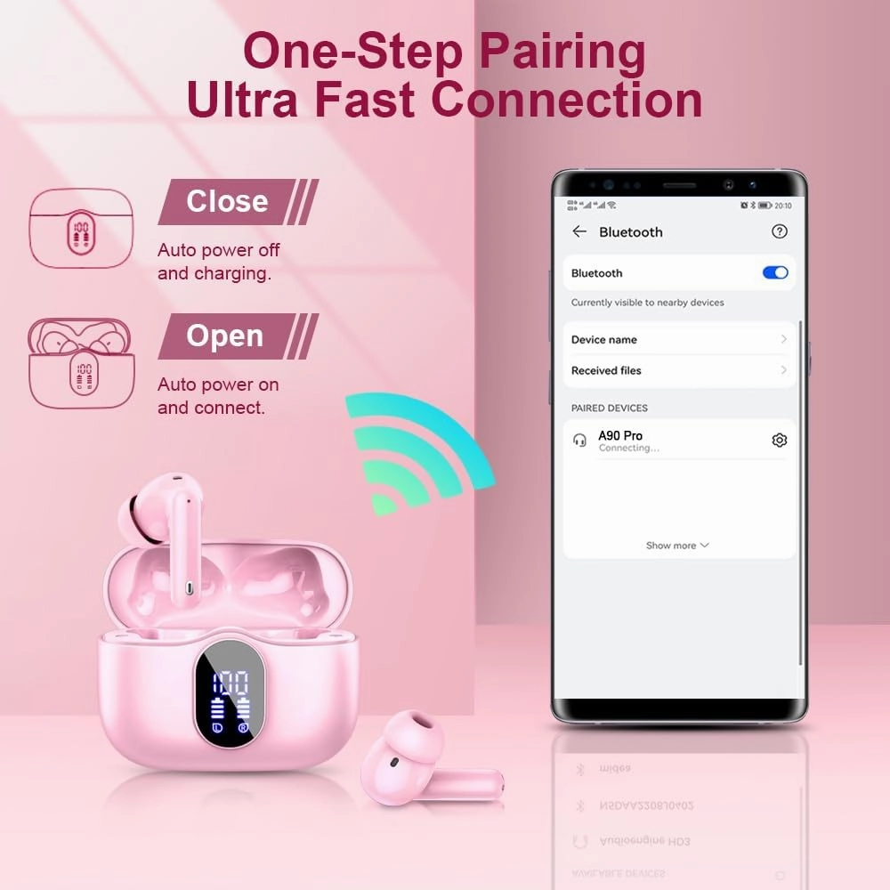 Wireless Earbuds Bluetooth 5.4 Headphones Bass Stereo Ear Buds with Noise Cancelling Mic LED Display in Ear Earphones IP7 Waterproof 36H Playtime for Laptop Pad Phones Sports Workout Pink