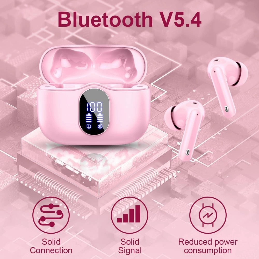 Wireless Earbuds Bluetooth 5.4 Headphones Bass Stereo Ear Buds with Noise Cancelling Mic LED Display in Ear Earphones IP7 Waterproof 36H Playtime for Laptop Pad Phones Sports Workout Pink