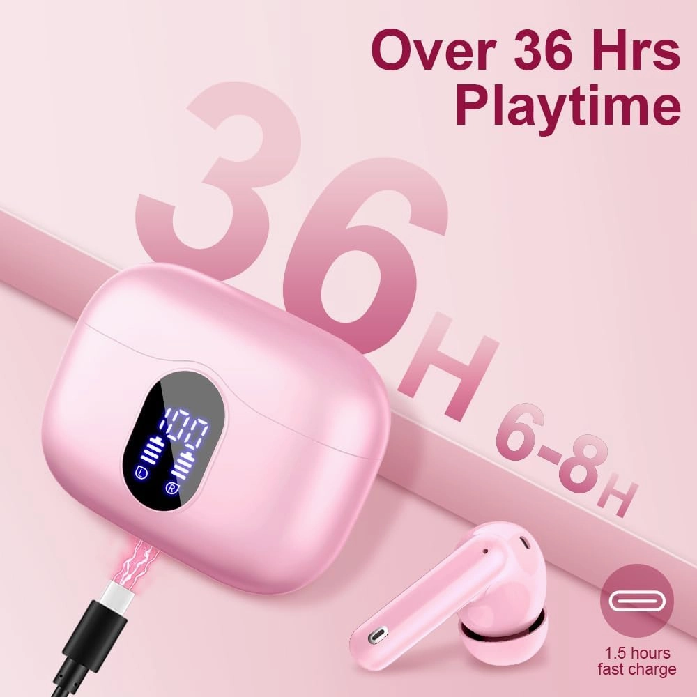 Wireless Earbuds Bluetooth 5.4 Headphones Bass Stereo Ear Buds with Noise Cancelling Mic LED Display in Ear Earphones IP7 Waterproof 36H Playtime for Laptop Pad Phones Sports Workout Pink