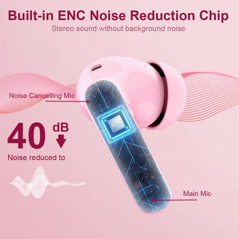 Wireless Earbuds Bluetooth 5.4 Headphones Bass Stereo Ear Buds with Noise Cancelling Mic LED Display in Ear Earphones IP7 Waterproof 36H Playtime for Laptop Pad Phones Sports Workout Pink