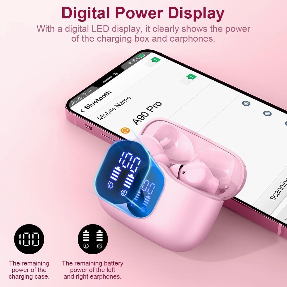 Wireless Earbuds Bluetooth 5.4 Headphones Bass Stereo Ear Buds with Noise Cancelling Mic LED Display in Ear Earphones IP7 Waterproof 36H Playtime for Laptop Pad Phones Sports Workout Pink