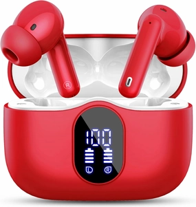 Wireless Earbuds Bluetooth 5.4 Headphones Bass Stereo Ear Buds with Noise Cancelling Mic LED Display in Ear Earphones IP7 Waterproof 36H Playtime for Laptop Pad Phones Sports Workout Red wireless earbuds,Bluetooth earphones,true wireless stereo,