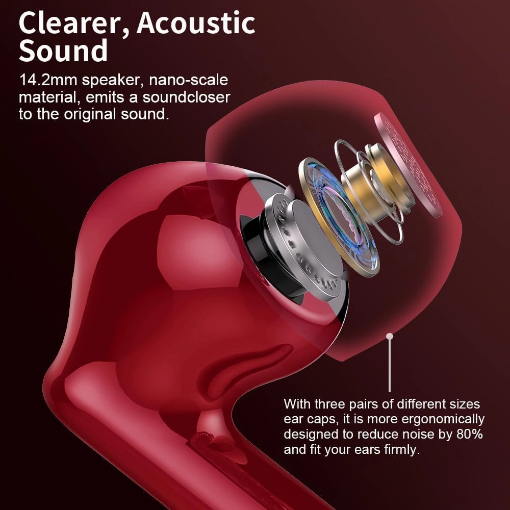 Wireless Earbuds Bluetooth 5.4 Headphones Bass Stereo Ear Buds with Noise Cancelling Mic LED Display in Ear Earphones IP7 Waterproof 36H Playtime for Laptop Pad Phones Sports Workout Red