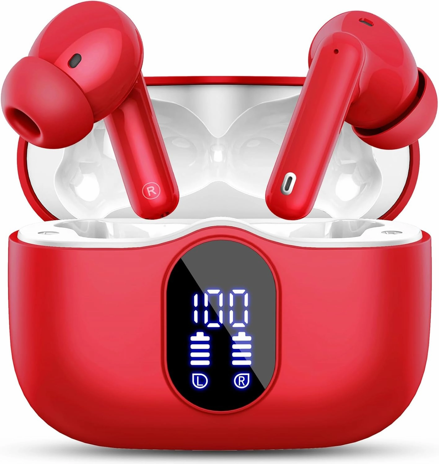 Wireless Earbuds Bluetooth 5.4 Headphones Bass Stereo Ear Buds with Noise Cancelling Mic LED Display in Ear Earphones IP7 Waterproof 36H Playtime for Laptop Pad Phones Sports Workout Red wireless earbuds,Bluetooth earphones,true wireless stereo,