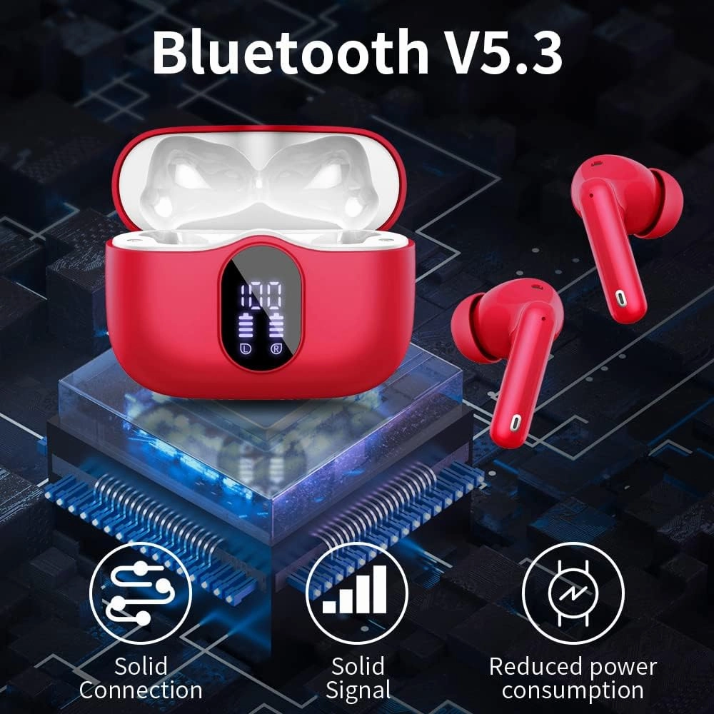 Wireless Earbuds Bluetooth 5.4 Headphones Bass Stereo Ear Buds with Noise Cancelling Mic LED Display in Ear Earphones IP7 Waterproof 36H Playtime for Laptop Pad Phones Sports Workout Red