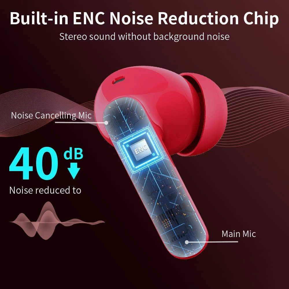 Wireless Earbuds Bluetooth 5.4 Headphones Bass Stereo Ear Buds with Noise Cancelling Mic LED Display in Ear Earphones IP7 Waterproof 36H Playtime for Laptop Pad Phones Sports Workout Red