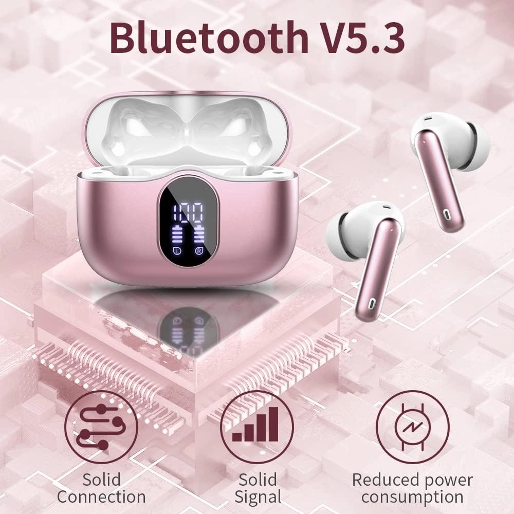 Wireless Earbuds Bluetooth 5.4 Headphones Bass Stereo Ear Buds with Noise Cancelling Mic LED Display in Ear Earphones IP7 Waterproof 36H Playtime for Laptop Pad Phones Sports Workout Rose Gold