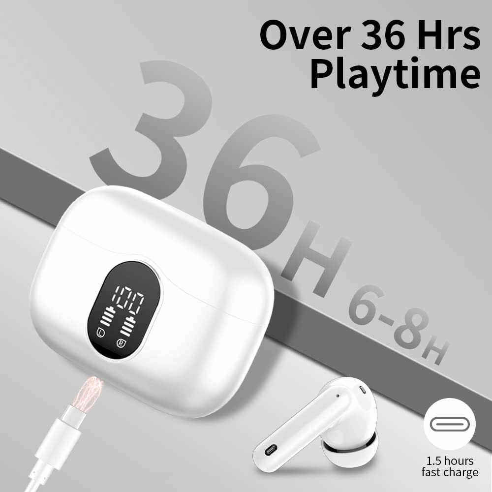 Wireless Earbuds Bluetooth 5.4 Headphones Bass Stereo Ear Buds with Noise Cancelling Mic LED Display in Ear Earphones IP7 Waterproof 36H Playtime for Laptop Pad Phones Sports Workout White