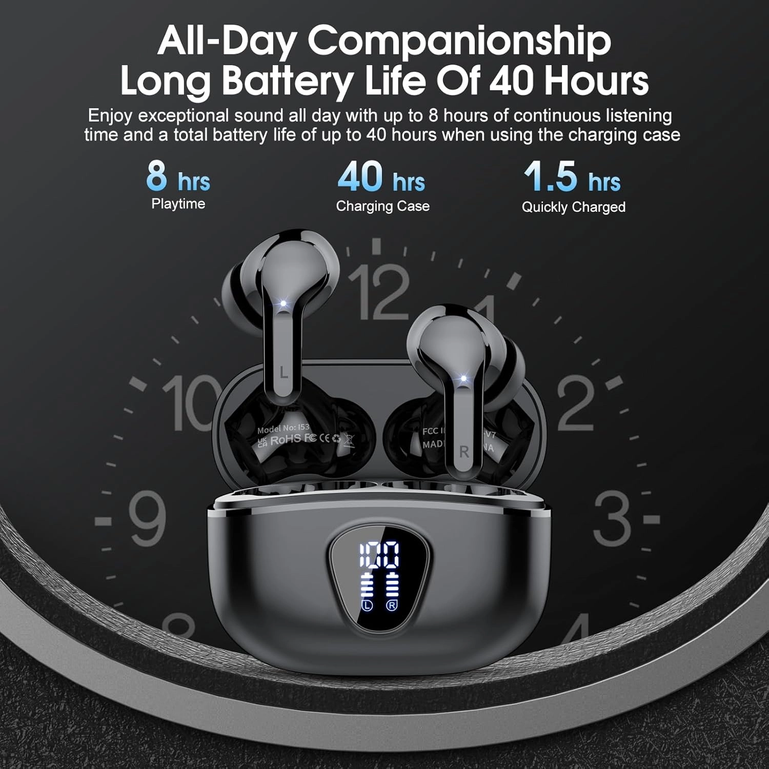 Wireless Earbuds, Bluetooth 5.4 Headphones HiFi Stereo, Bluetooth Earbuds with ENC Noise Cancelling Mic, IP7 Waterproof in Ear Earphones, 48H, LED Display Ear buds for Pad Workout Sports, Black