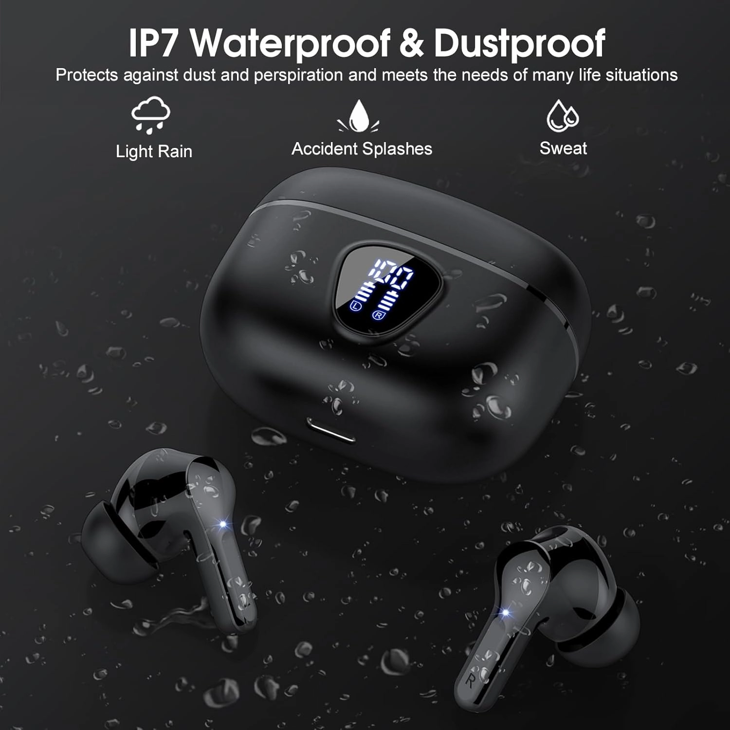 Wireless Earbuds, Bluetooth 5.4 Headphones HiFi Stereo, Bluetooth Earbuds with ENC Noise Cancelling Mic, IP7 Waterproof in Ear Earphones, 48H, LED Display Ear buds for Pad Workout Sports, Black