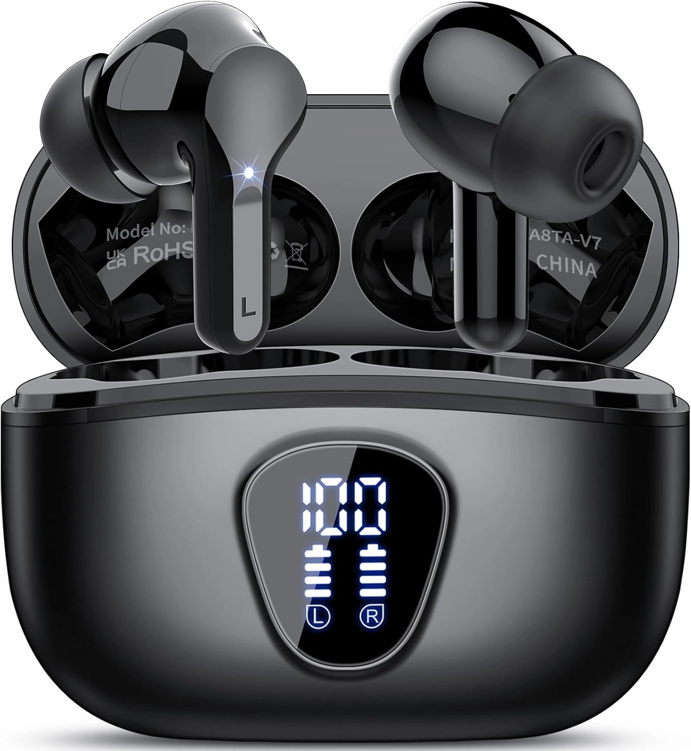 Wireless Earbuds, Bluetooth 5.4 Headphones HiFi Stereo, Bluetooth Earbuds with ENC Noise Cancelling Mic, IP7 Waterproof in Ear Earphones, 48H, LED Display Ear buds for Pad Workout Sports, Black wireless earbuds,Bluetooth earphones,true wireless stereo,