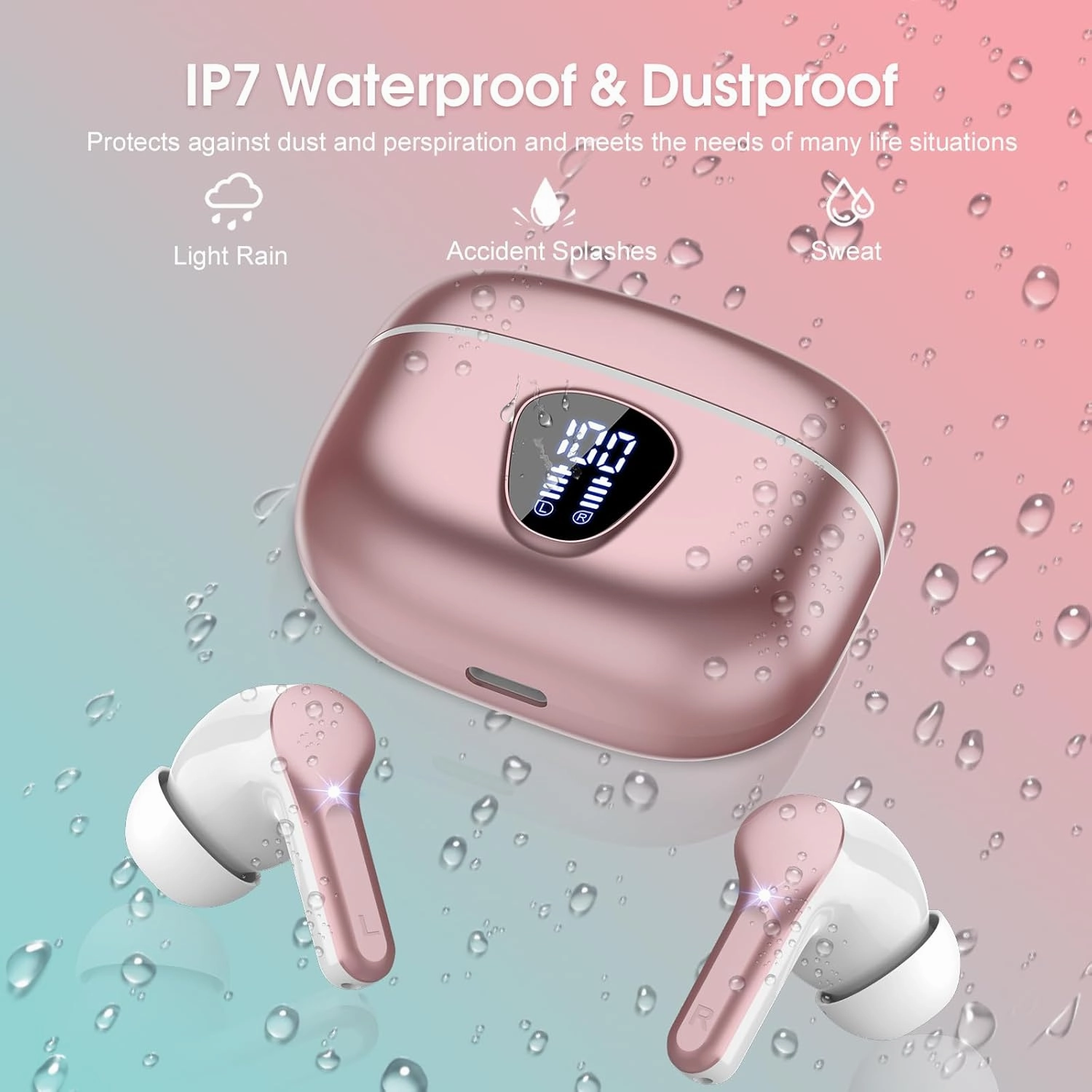 Wireless Earbuds, Bluetooth 5.4 Headphones HiFi Stereo, Bluetooth Earbuds with ENC Noise Cancelling Mic, IP7 Waterproof in Ear Earphones, 48H, LED Display Ear buds for Pad Workout Sports, Rose Gold