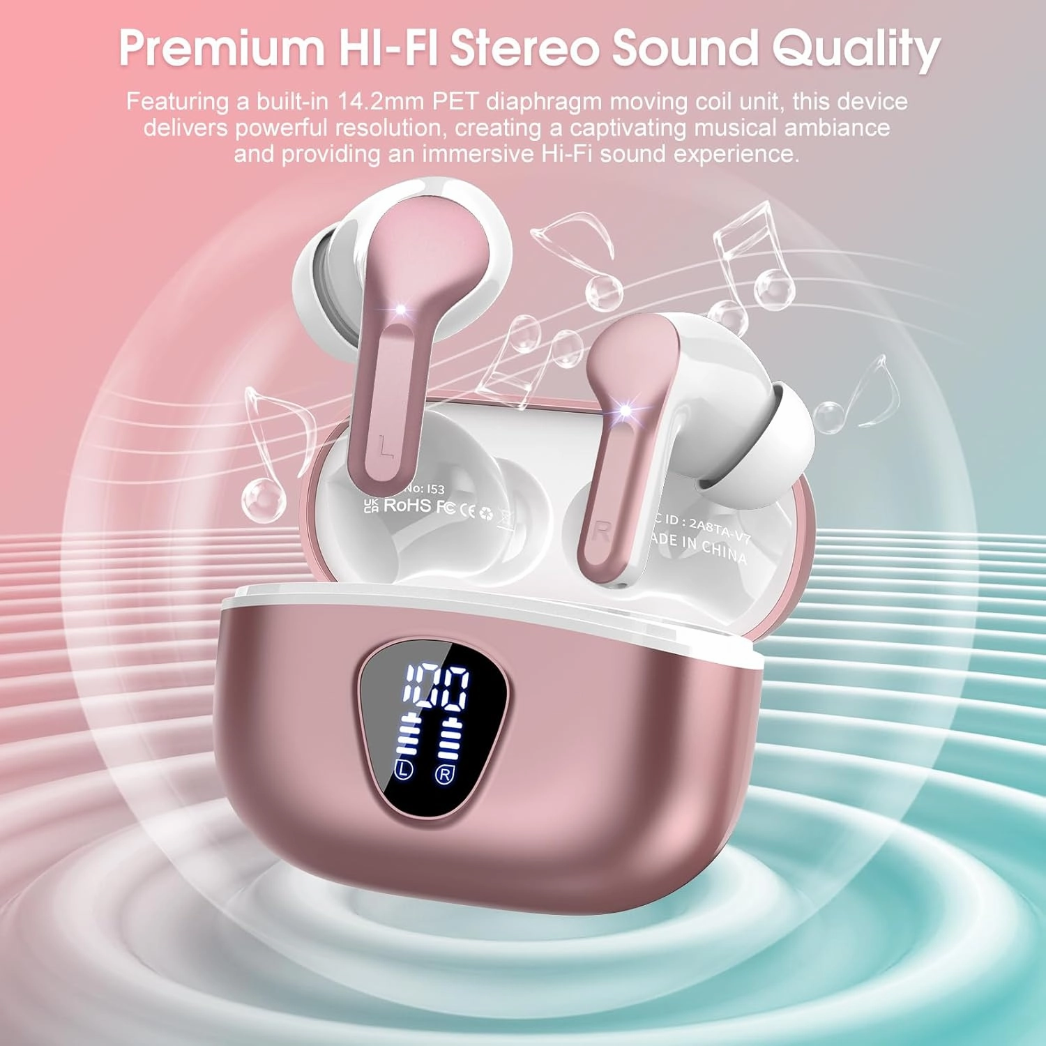 Wireless Earbuds, Bluetooth 5.4 Headphones HiFi Stereo, Bluetooth Earbuds with ENC Noise Cancelling Mic, IP7 Waterproof in Ear Earphones, 48H, LED Display Ear buds for Pad Workout Sports, Rose Gold