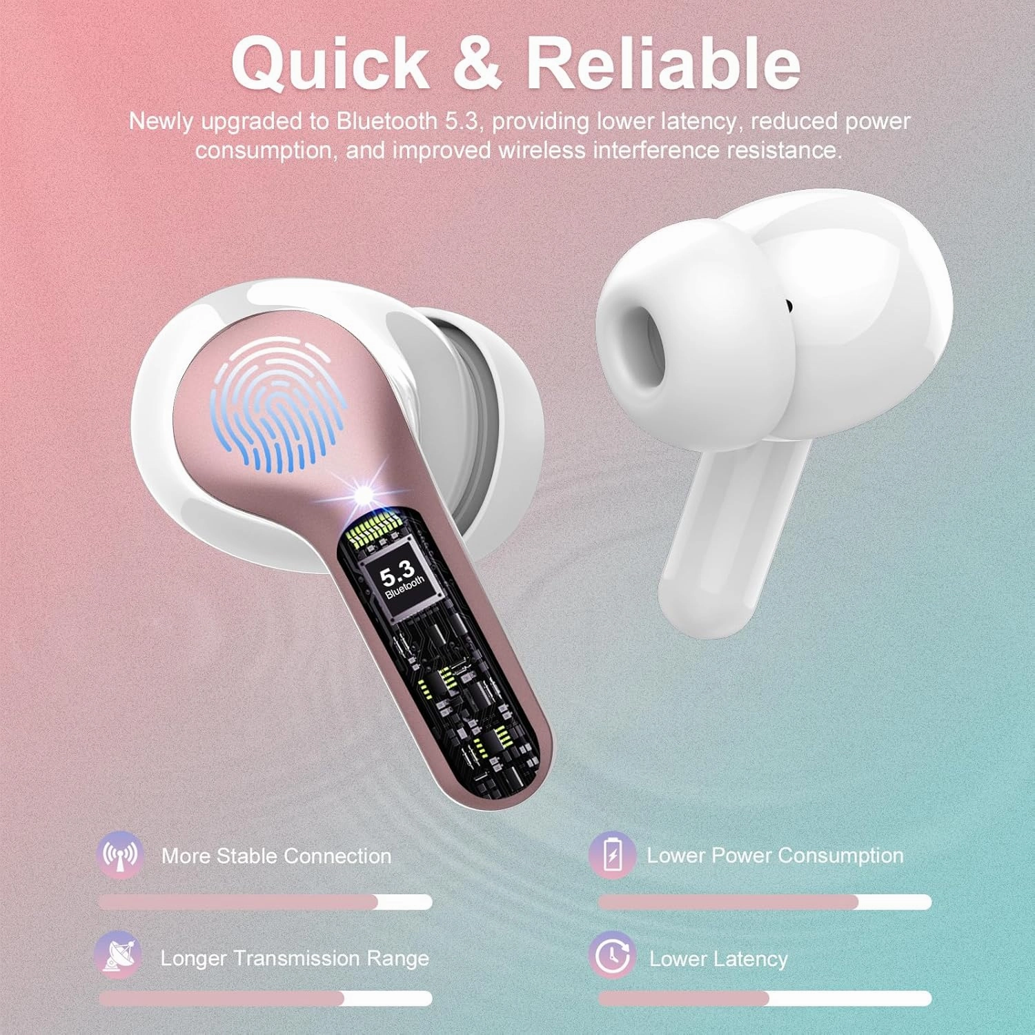 Wireless Earbuds, Bluetooth 5.4 Headphones HiFi Stereo, Bluetooth Earbuds with ENC Noise Cancelling Mic, IP7 Waterproof in Ear Earphones, 48H, LED Display Ear buds for Pad Workout Sports, Rose Gold