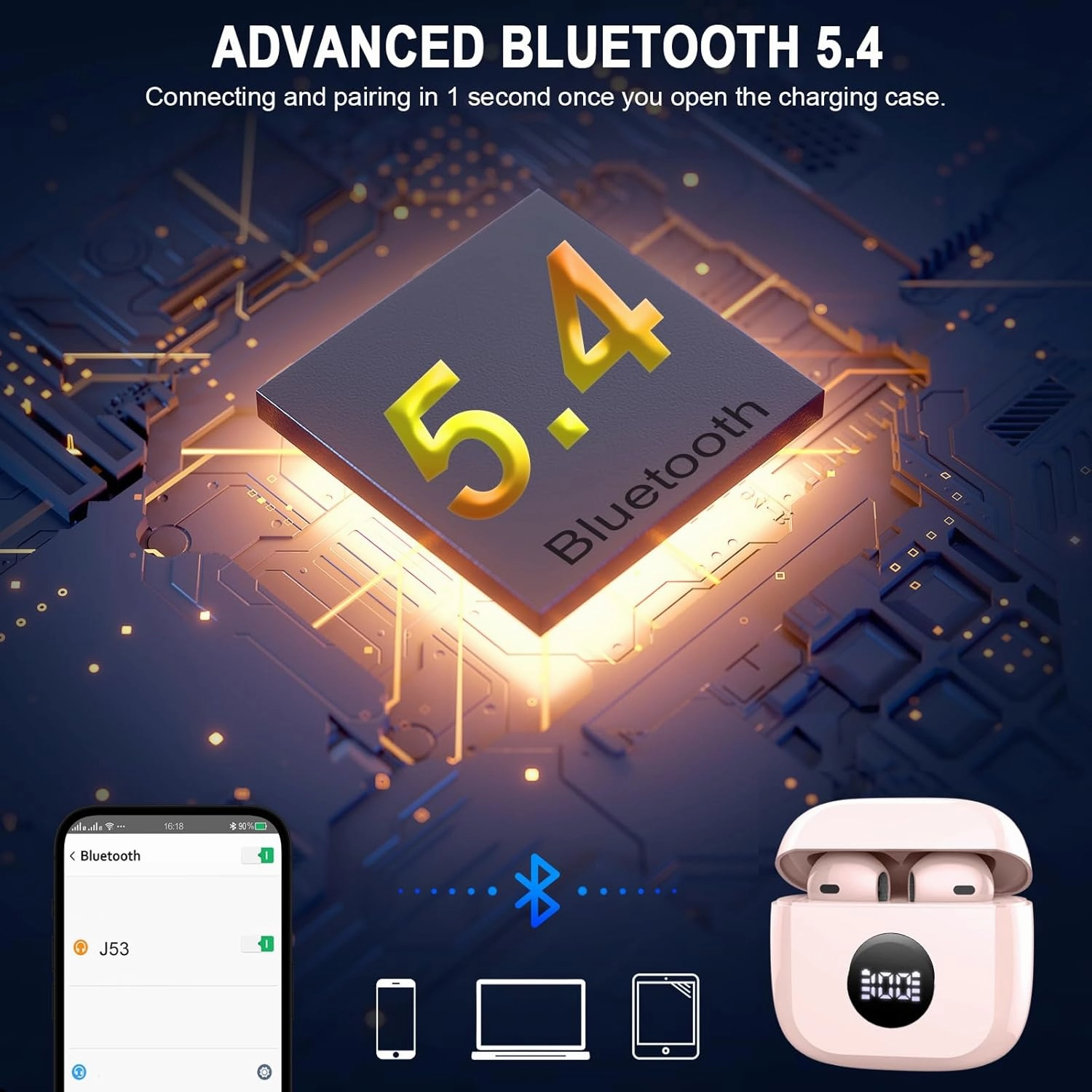 Wireless Earbuds, Bluetooth 5.4 Headphones HiFi Stereo, in Ear Earphones with 4 ENC Noise Cancelling Mics, IP7 Waterproof Headset with USB C Charging, 40H Playback Ear Buds with Mini Case LED Display