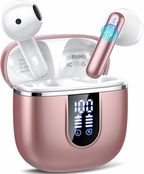 Wireless Earbuds, Bluetooth 5.4 Headphones in Ear Buds, HiFi Stereo Earphones with 4 ENC Noise Cancelling Mics, 40H Wireless Headphones with IP7 Waterproof, Dual LED Display USB C, Rose Gold TWS earbuds,compact wireless buds,Bluetooth ear tips,