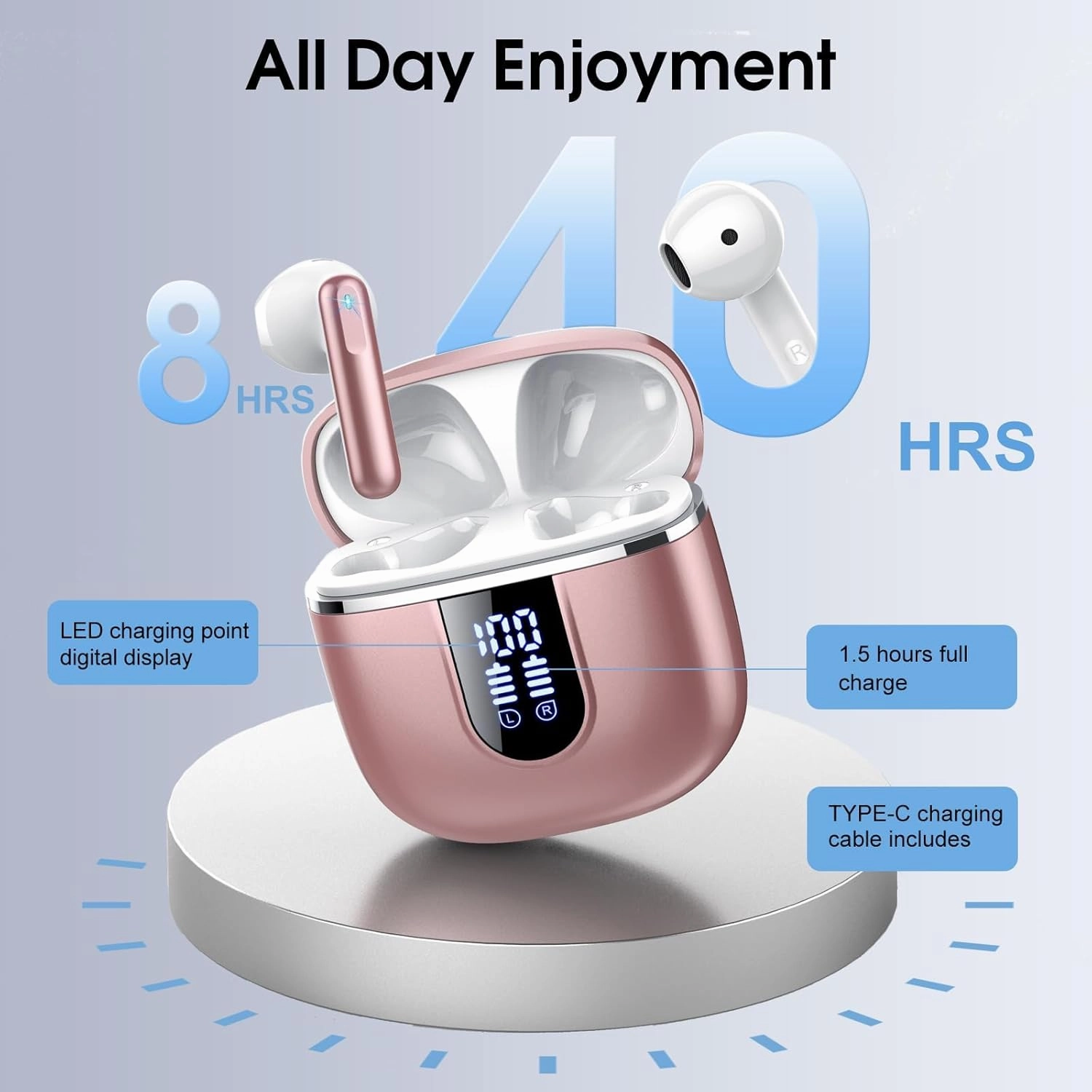 Wireless Earbuds, Bluetooth 5.4 Headphones in Ear Buds, HiFi Stereo Earphones with 4 ENC Noise Cancelling Mics, 40H Wireless Headphones with IP7 Waterproof, Dual LED Display USB C, Rose Gold