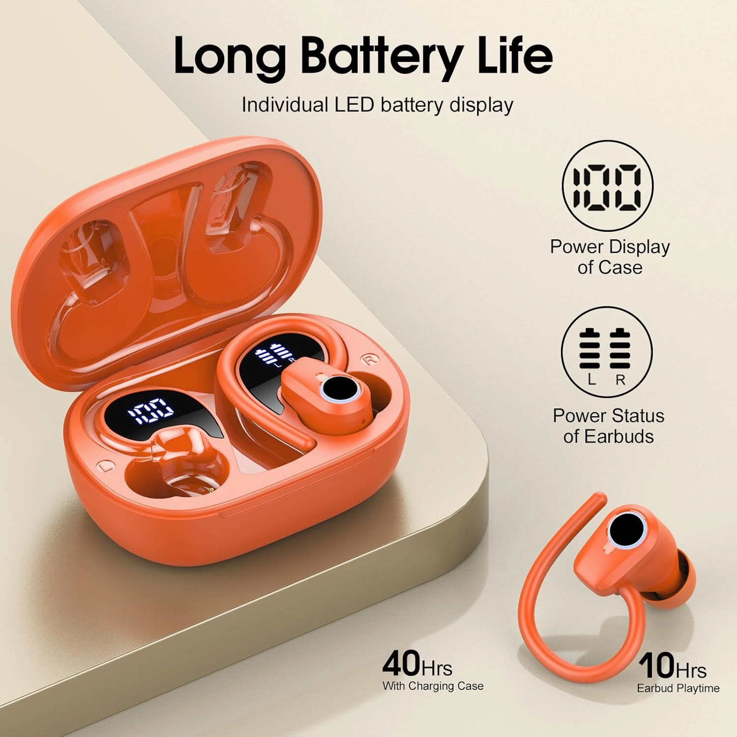 Wireless Earbuds Bluetooth 5.4 Headphones Sport, 50H Stereo Ear Buds LED Display, 2025 Bluetooth Earbuds with 4 ENC Noise Canceling Mic, IP7 Waterproof Earphones with Earhooks for Running, Pumpkin