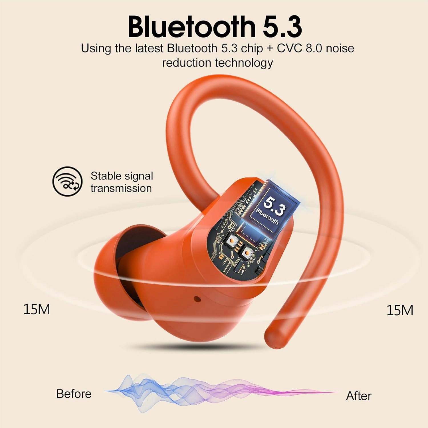 Wireless Earbuds Bluetooth 5.4 Headphones Sport, 50H Stereo Ear Buds LED Display, 2025 Bluetooth Earbuds with 4 ENC Noise Canceling Mic, IP7 Waterproof Earphones with Earhooks for Running, Pumpkin