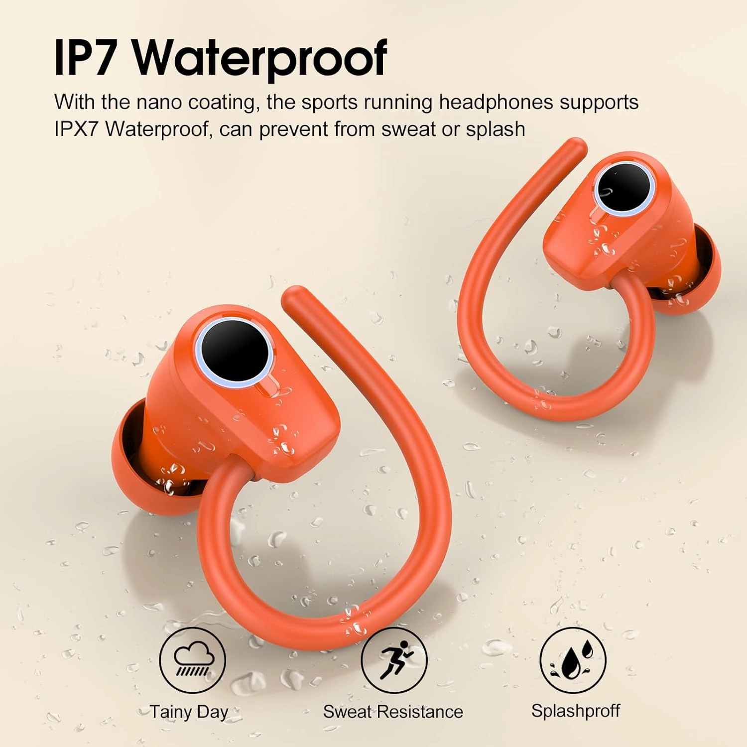 Wireless Earbuds Bluetooth 5.4 Headphones Sport, 50H Stereo Ear Buds LED Display, 2025 Bluetooth Earbuds with 4 ENC Noise Canceling Mic, IP7 Waterproof Earphones with Earhooks for Running, Pumpkin