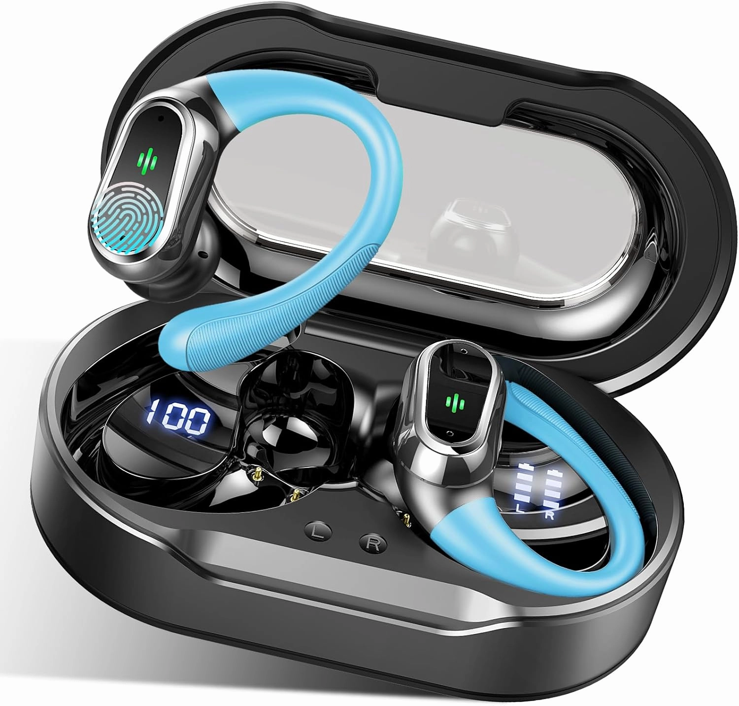 Wireless Earbuds, Bluetooth 5.4 Headphones Sport, Bluetooth Earbuds with ENC Noise Canceling Mic, 50H Stereo Wireless Headphones IP7 Waterproof with Earhooks, Dual LED Display for Running, Light Blue TWS earbuds,compact wireless buds,Bluetooth ear tips,