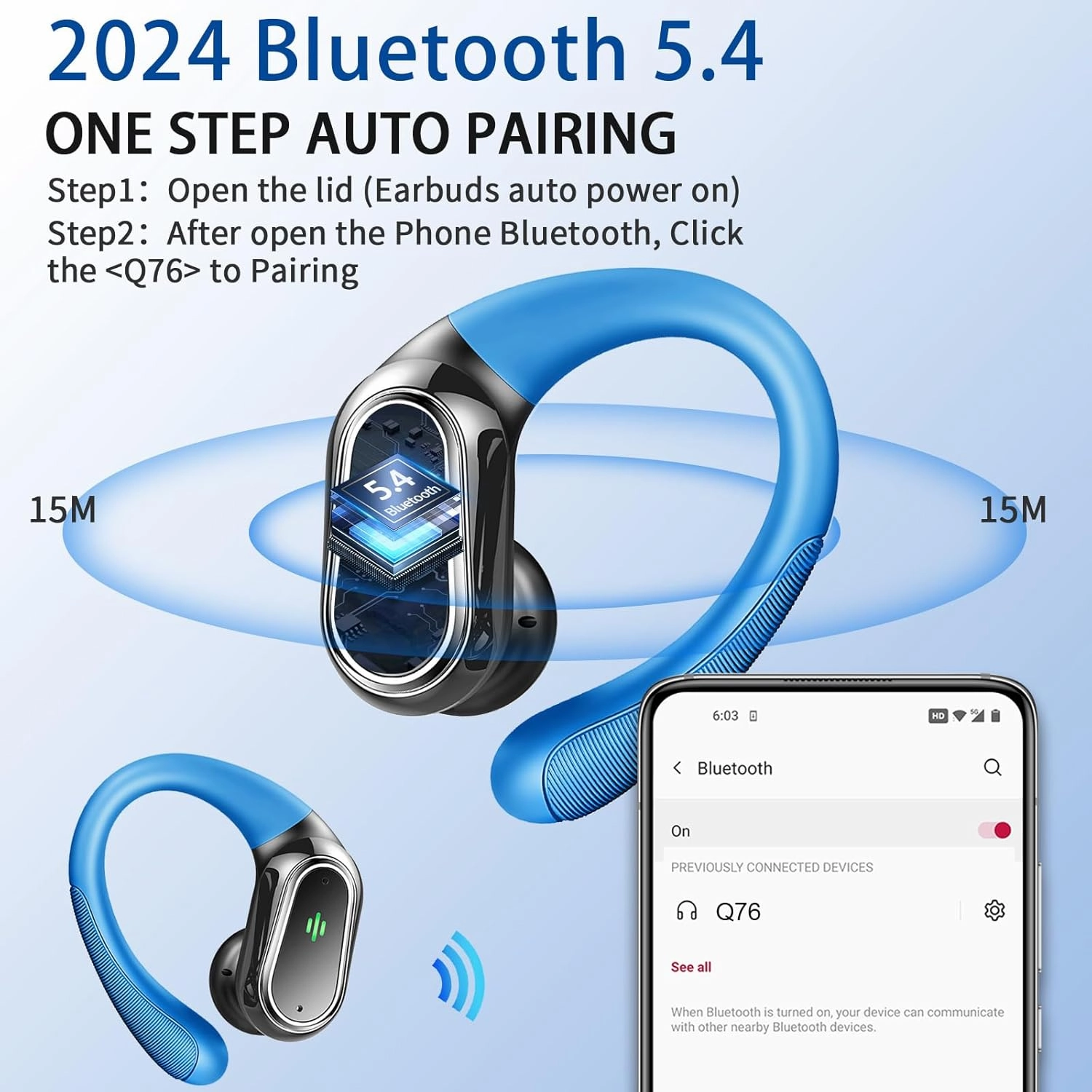 Wireless Earbuds, Bluetooth 5.4 Headphones Sport, Bluetooth Earbuds with ENC Noise Canceling Mic, 50H Stereo Wireless Headphones IP7 Waterproof with Earhooks, Dual LED Display for Running, Light Blue