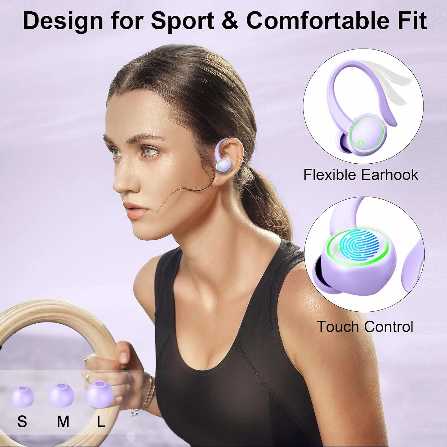 Wireless Earbuds, Bluetooth 5.4 Headphones Sports, 50H Playback Over-Ear buds with ENC Noise Cancelling Mic, Deep Bass Earphones with Earhooks, IP7 Waterproof Headset for Running Workout Gym Purple