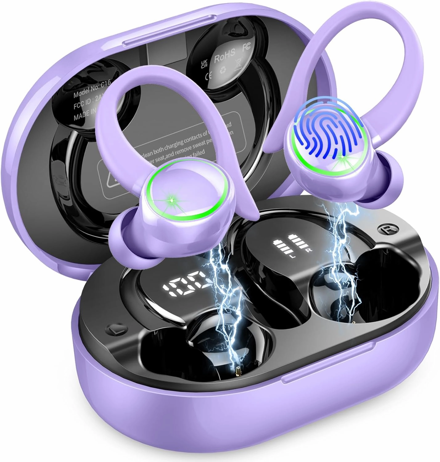 Wireless Earbuds, Bluetooth 5.4 Headphones Sports, 50H Playback Over-Ear buds with ENC Noise Cancelling Mic, Deep Bass Earphones with Earhooks, IP7 Waterproof Headset for Running Workout Gym Purple wireless earbuds,Bluetooth earphones,true wireless stereo,
