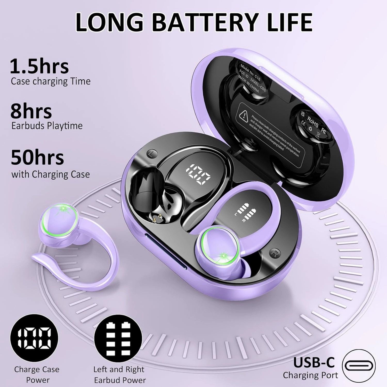 Wireless Earbuds, Bluetooth 5.4 Headphones Sports, 50H Playback Over-Ear buds with ENC Noise Cancelling Mic, Deep Bass Earphones with Earhooks, IP7 Waterproof Headset for Running Workout Gym Purple