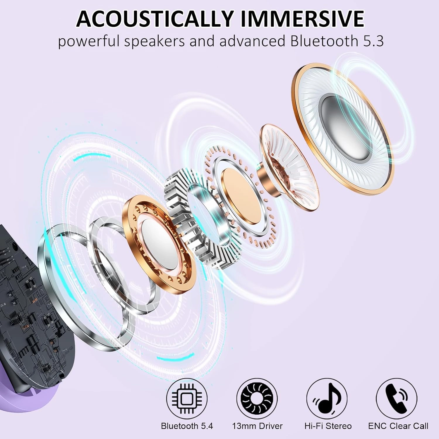 Wireless Earbuds, Bluetooth 5.4 Headphones Sports, 50H Playback Over-Ear buds with ENC Noise Cancelling Mic, Deep Bass Earphones with Earhooks, IP7 Waterproof Headset for Running Workout Gym Purple