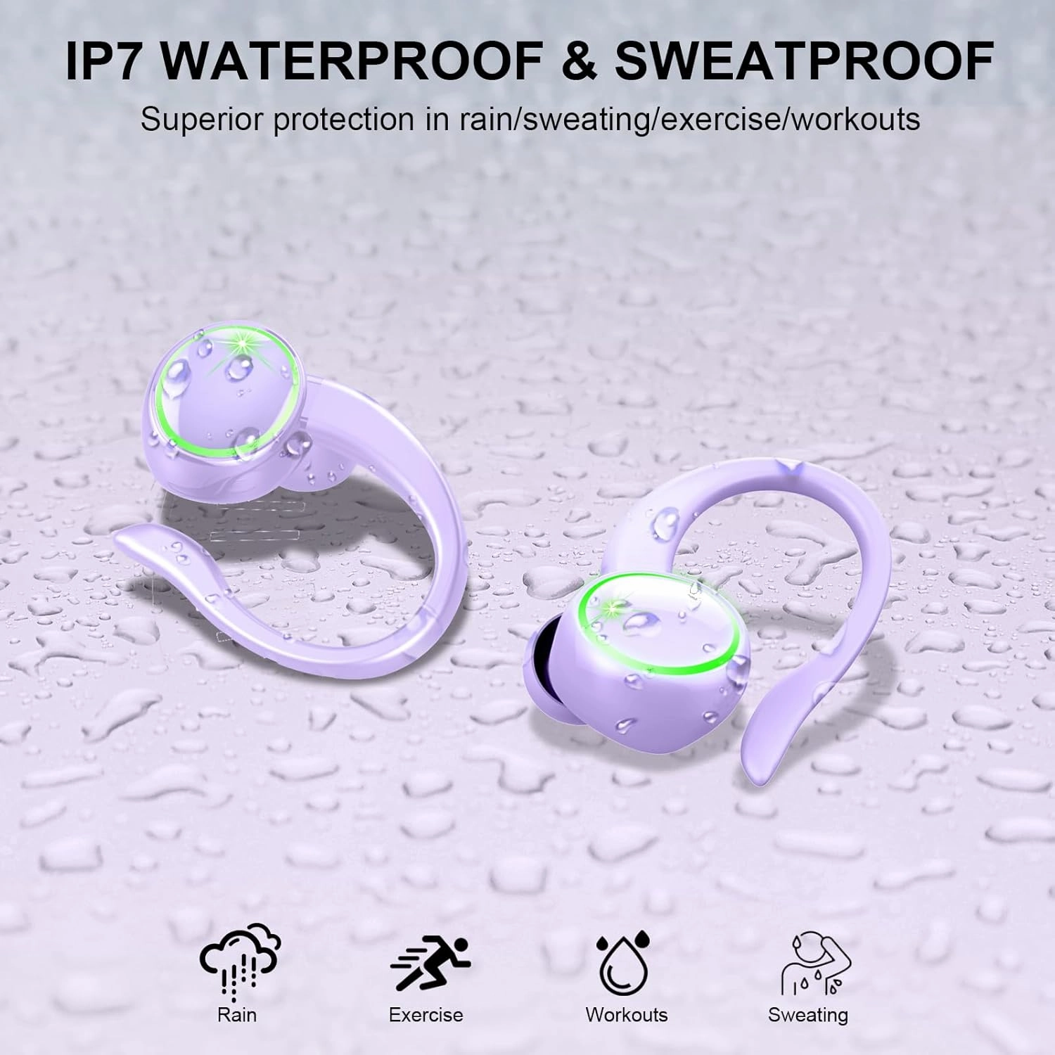 Wireless Earbuds, Bluetooth 5.4 Headphones Sports, 50H Playback Over-Ear buds with ENC Noise Cancelling Mic, Deep Bass Earphones with Earhooks, IP7 Waterproof Headset for Running Workout Gym Purple