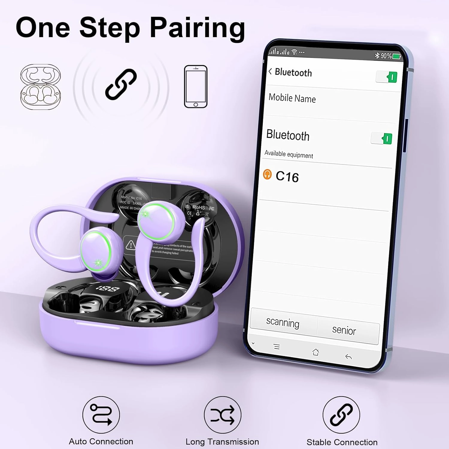 Wireless Earbuds, Bluetooth 5.4 Headphones Sports, 50H Playback Over-Ear buds with ENC Noise Cancelling Mic, Deep Bass Earphones with Earhooks, IP7 Waterproof Headset for Running Workout Gym Purple