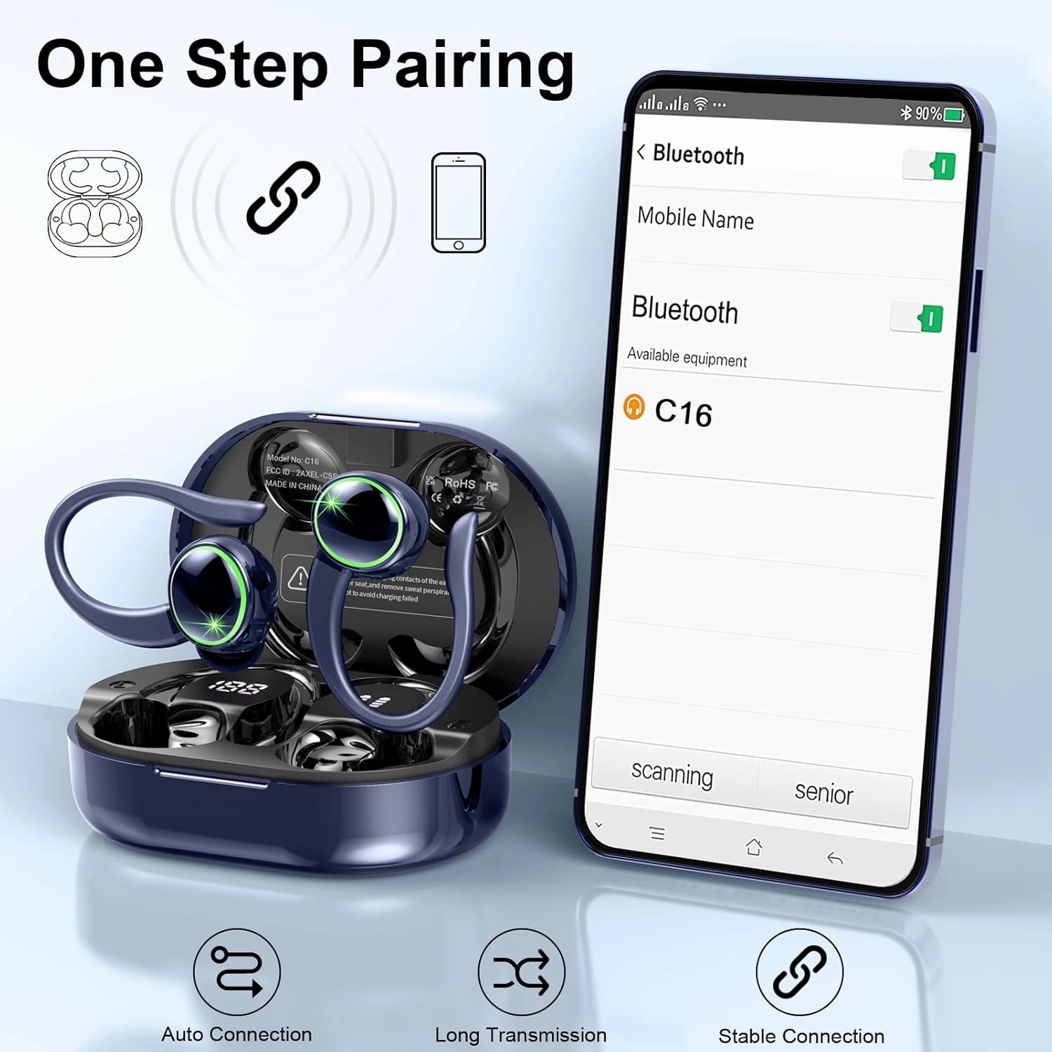 Wireless Earbuds, Bluetooth 5.4 Headphones Sports, 50H Playback Over-Ear buds with ENC Noise Cancelling Mic, Deep Bass Fitness Earphones with Earhooks, IP7 Waterproof Headset for Running Gym Workout