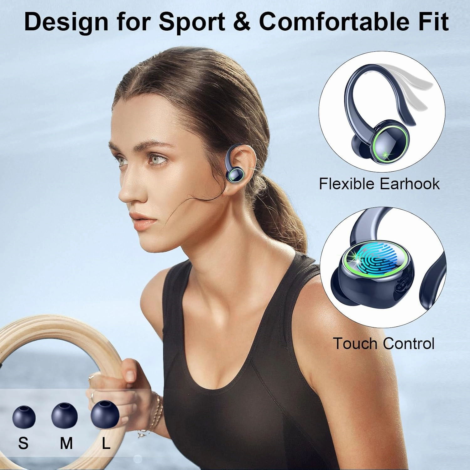 Wireless Earbuds, Bluetooth 5.4 Headphones Sports, 50H Playback Over-Ear buds with ENC Noise Cancelling Mic, Deep Bass Fitness Earphones with Earhooks, IP7 Waterproof Headset for Running Workout Blue