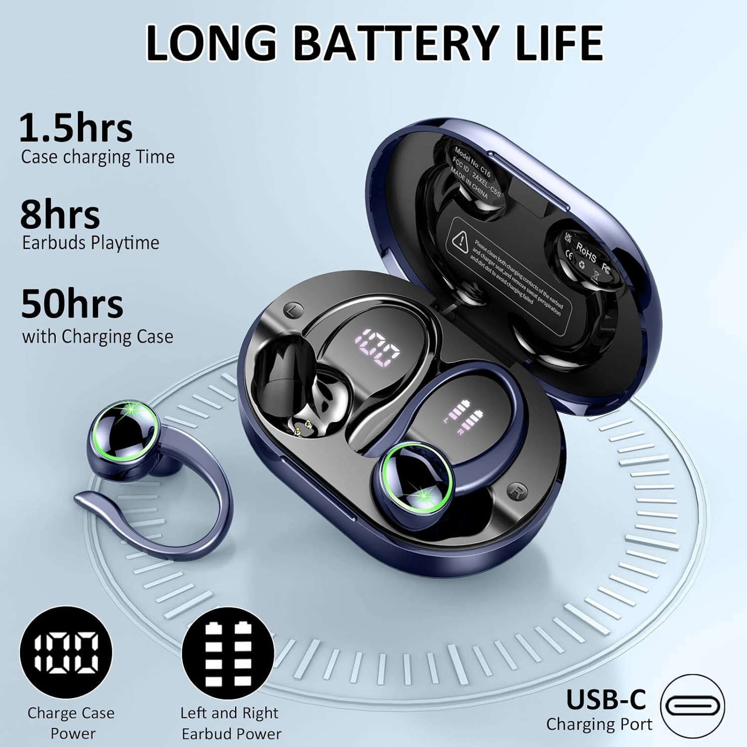 Wireless Earbuds, Bluetooth 5.4 Headphones Sports, 50H Playback Over-Ear buds with ENC Noise Cancelling Mic, Deep Bass Fitness Earphones with Earhooks, IP7 Waterproof Headset for Running Workout Blue