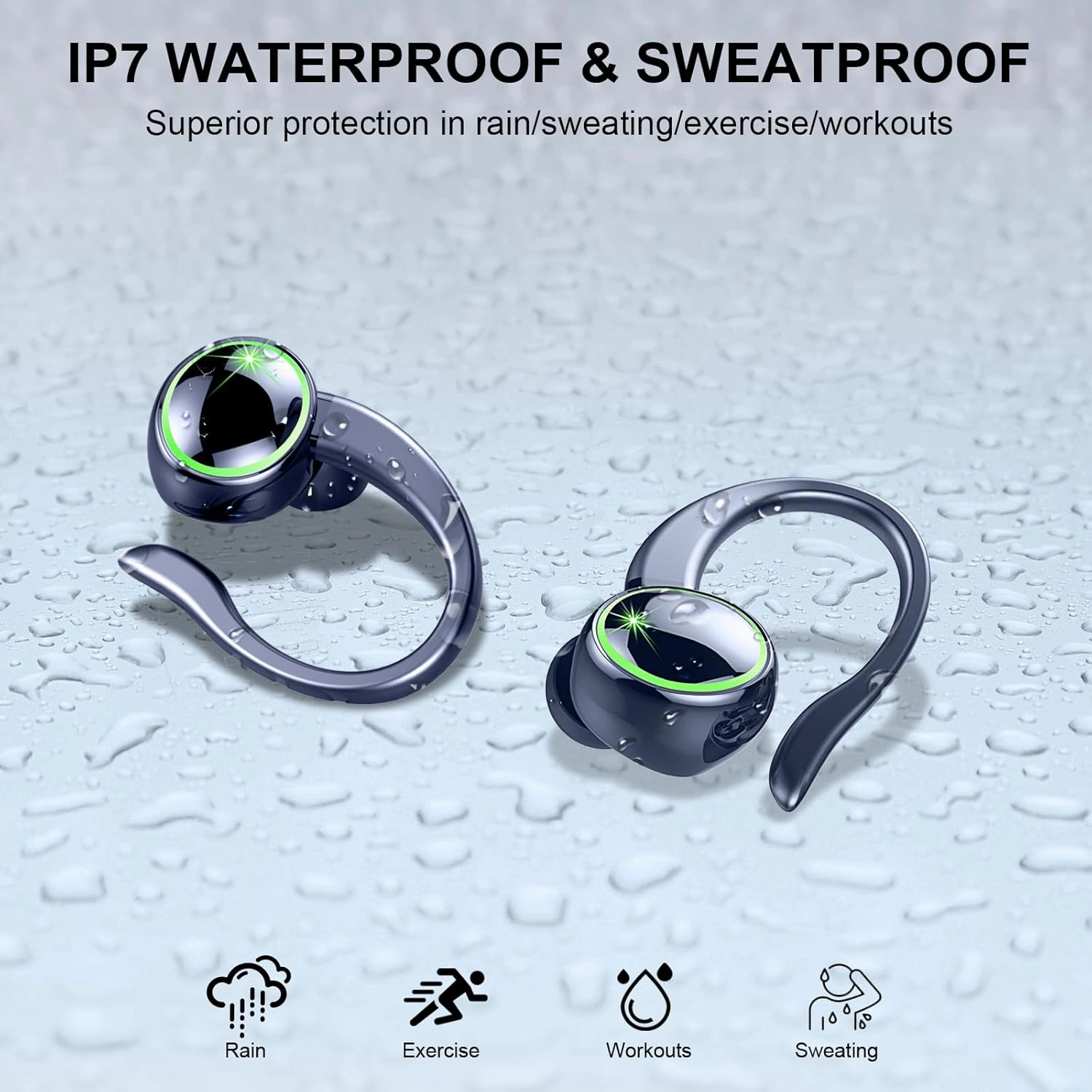 Wireless Earbuds, Bluetooth 5.4 Headphones Sports, 50H Playback Over-Ear buds with ENC Noise Cancelling Mic, Deep Bass Fitness Earphones with Earhooks, IP7 Waterproof Headset for Running Workout Blue