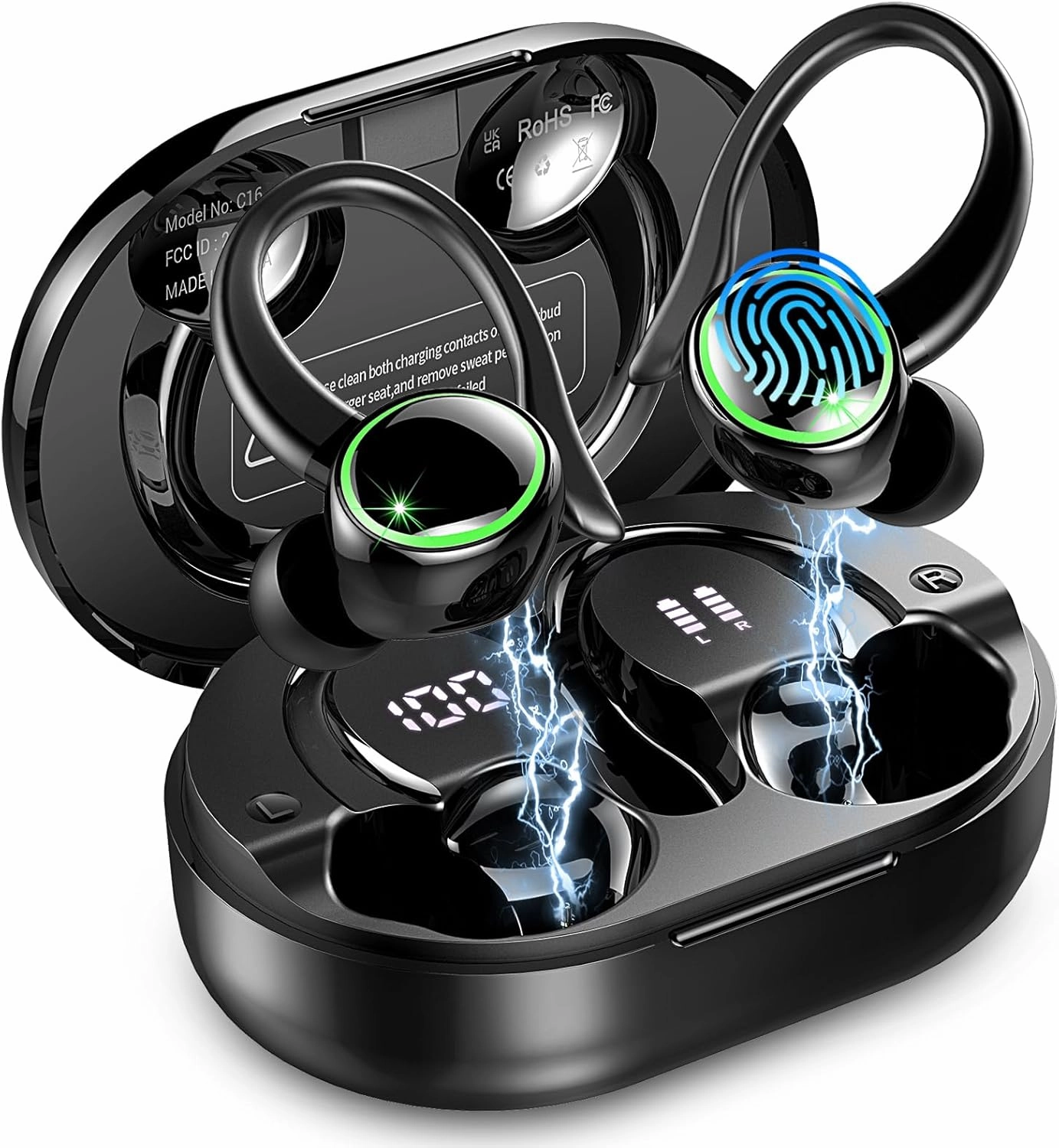Wireless Earbuds, Bluetooth 5.4 Headphones Sports, 50H Playback Over-Ear buds with ENC Noise Cancelling Mic, Deep Bass Fitness Earphones with Earhooks, IP7 Waterproof Headset for Running Workout Gym wireless earbuds,Bluetooth earphones,true wireless stereo