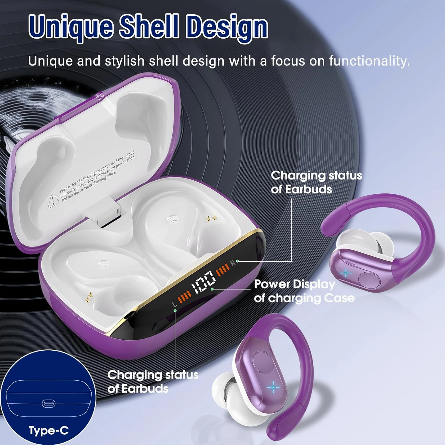 Wireless Earbuds Bluetooth 5.4 Headphones Sports, 75H Stereo Deep Bass Ear Buds with Earhooks, Bluetooth Earbuds with 4 ENC Mic, LED Display, IP7 Waterproof Earphone for Running, Dark Purple