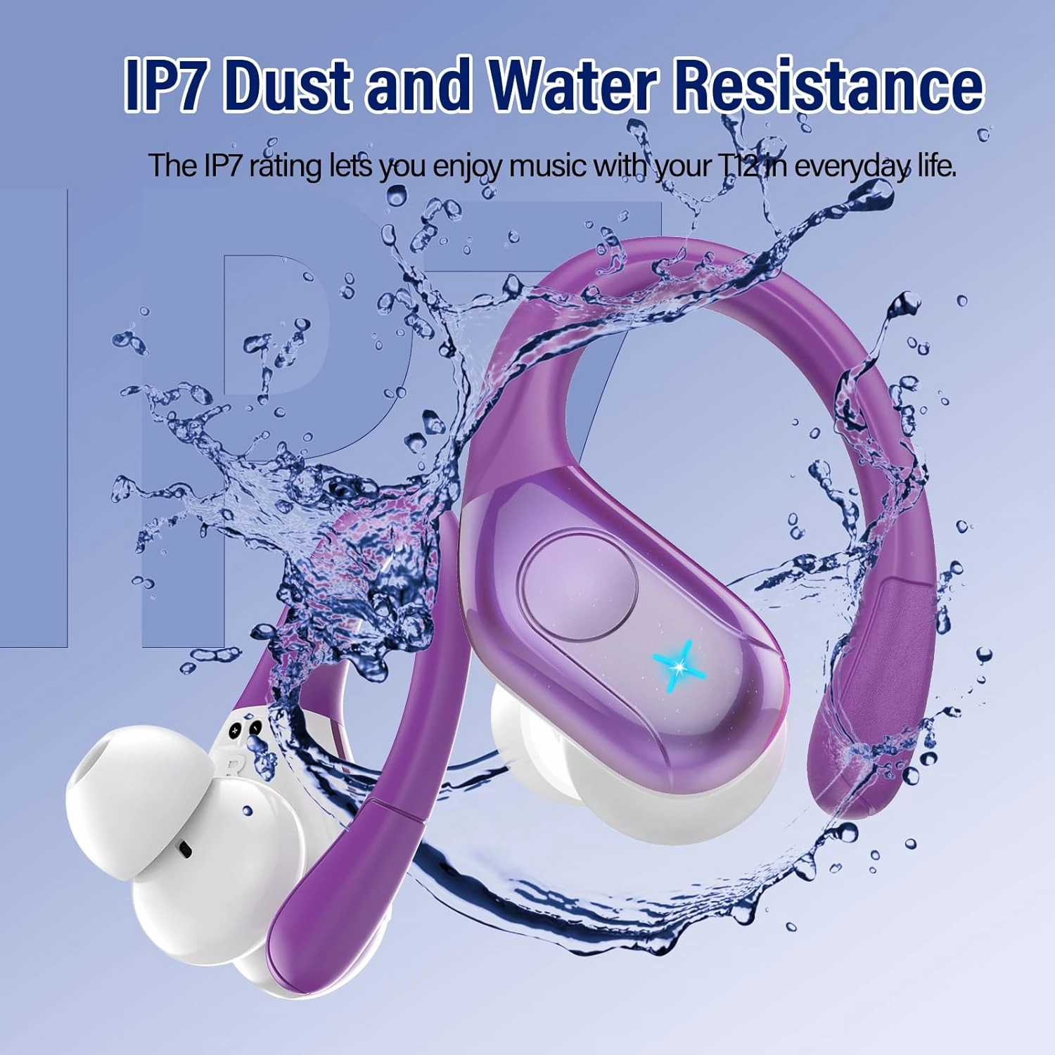 Wireless Earbuds Bluetooth 5.4 Headphones Sports, 75H Stereo Deep Bass Ear Buds with Earhooks, Bluetooth Earbuds with 4 ENC Mic, LED Display, IP7 Waterproof Earphone for Running, Dark Purple