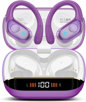 Wireless Earbuds Bluetooth 5.4 Headphones Sports, 75H Stereo Deep Bass Ear Buds with Earhooks, Bluetooth Earbuds with 4 ENC Mic, LED Display, IP7 Waterproof Earphone for Running, Dark Purple over-ear headphones,closed back headphones,wireless studio cans,