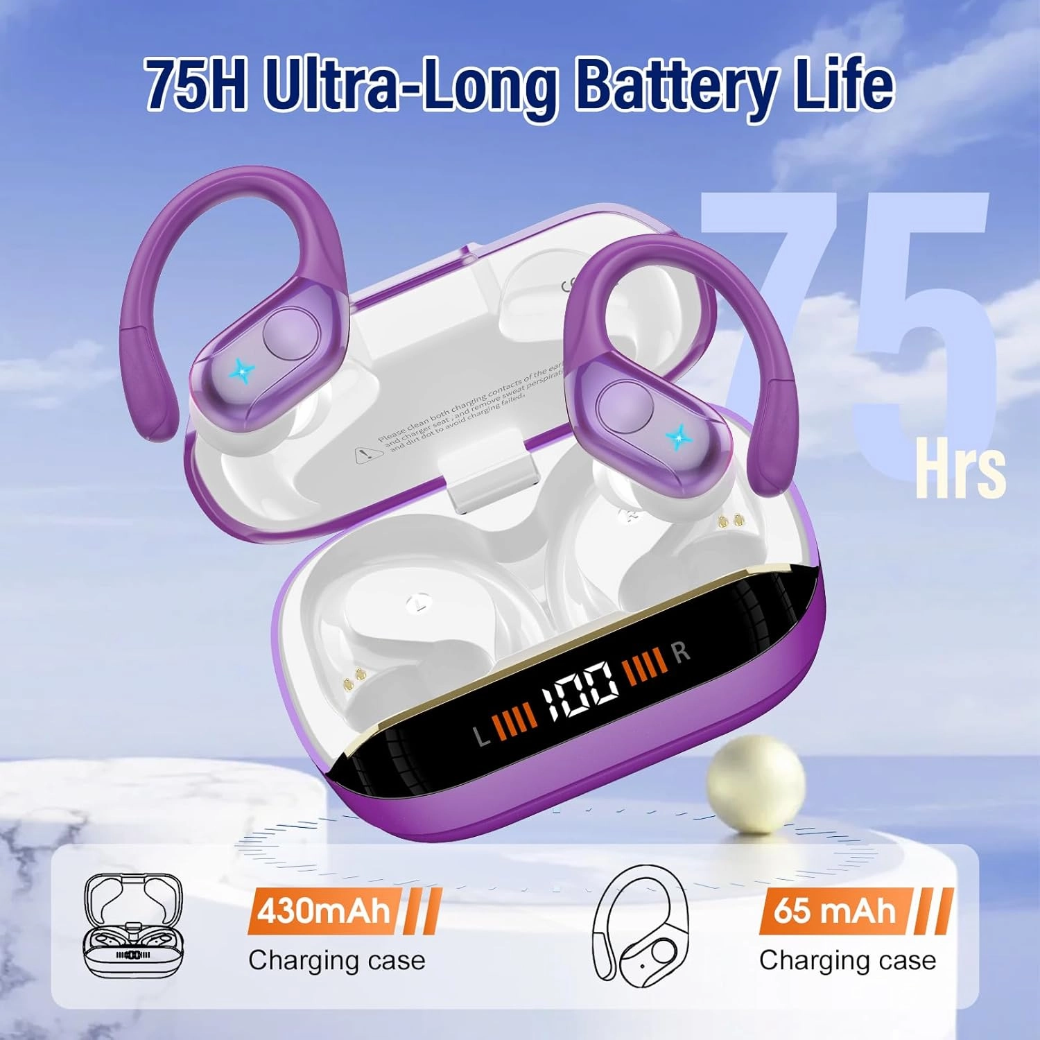 Wireless Earbuds Bluetooth 5.4 Headphones Sports, 75H Stereo Deep Bass Ear Buds with Earhooks, Bluetooth Earbuds with 4 ENC Mic, LED Display, IP7 Waterproof Earphone for Running, Dark Purple