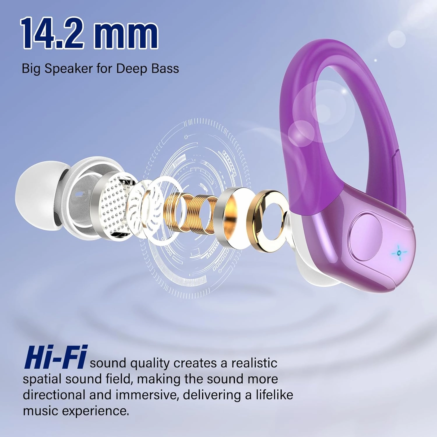 Wireless Earbuds Bluetooth 5.4 Headphones Sports, 75H Stereo Deep Bass Ear Buds with Earhooks, Bluetooth Earbuds with 4 ENC Mic, LED Display, IP7 Waterproof Earphone for Running, Dark Purple
