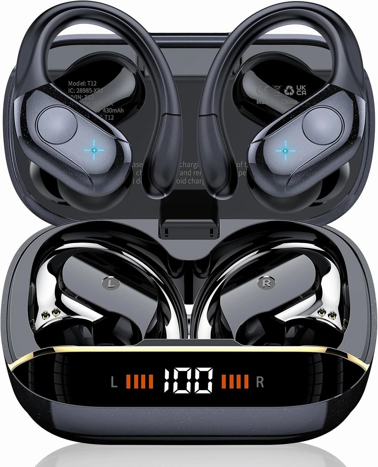 Wireless Earbuds Bluetooth 5.4 Headphones Sports, 75H Stereo Deep Bass Over Ear Buds with Earhooks, Bluetooth Earbuds with 4 ENC Mic, LED Display, IP7 Waterproof Earphone for Running, Black over-ear headphones,closed back headphones,wireless studio cans,