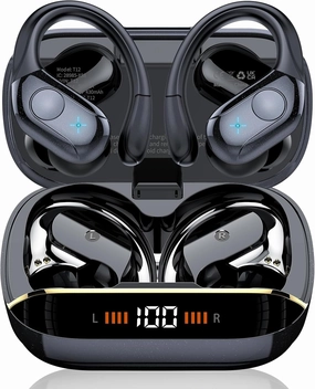 Wireless Earbuds Bluetooth 5.4 Headphones Sports, 75H Stereo Deep Bass Over Ear Buds with Earhooks, Bluetooth Earbuds with 4 ENC Mic, LED Display, IP7 Waterproof Earphone for Running, Black over-ear headphones,closed back headphones,wireless studio cans,