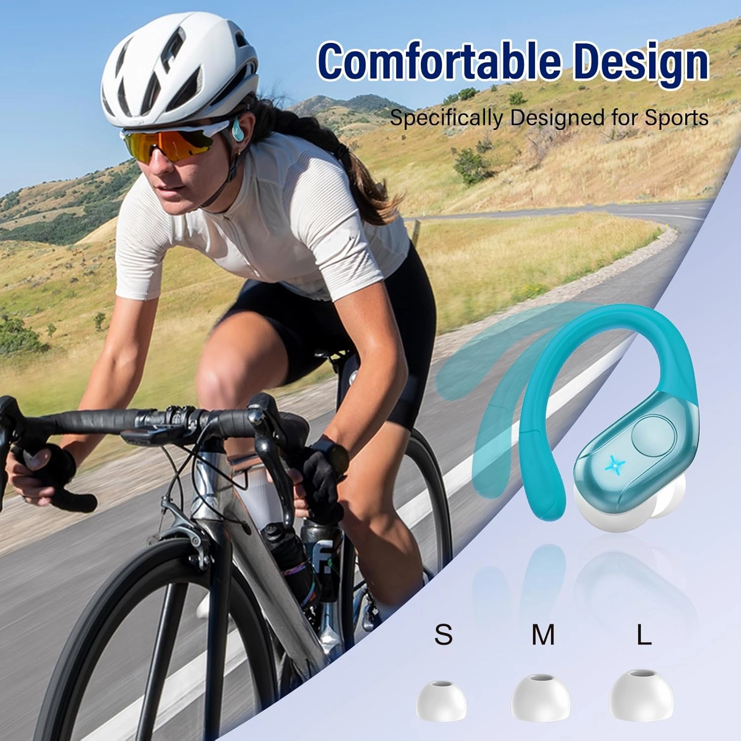 Wireless Earbuds Bluetooth 5.4 Headphones Sports, 75H Stereo Deep Bass Over Ear Buds with Earhooks, Bluetooth Earbuds with 4 ENC Mic, LED Display, IP7 Waterproof Earphone for Running, Blue