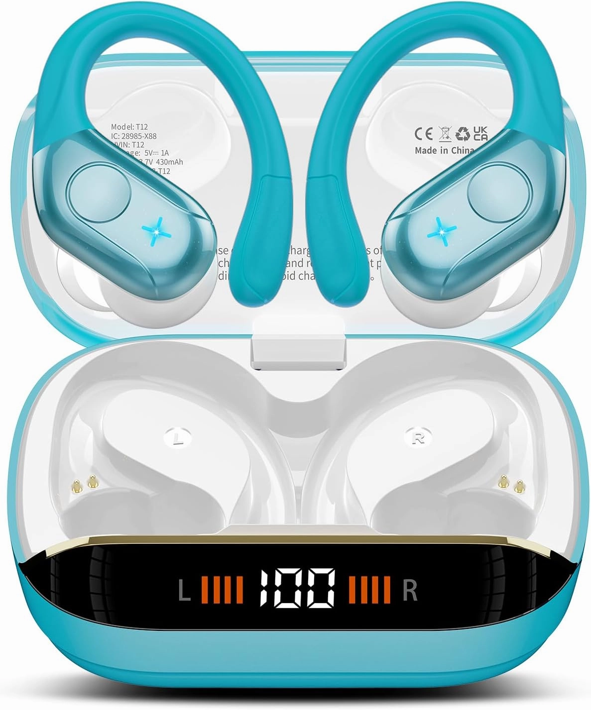 Wireless Earbuds Bluetooth 5.4 Headphones Sports, 75H Stereo Deep Bass Over Ear Buds with Earhooks, Bluetooth Earbuds with 4 ENC Mic, LED Display, IP7 Waterproof Earphone for Running, Blue over-ear headphones,closed back headphones,wireless studio cans,