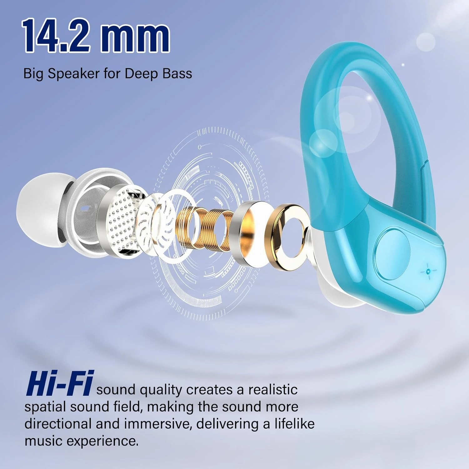 Wireless Earbuds Bluetooth 5.4 Headphones Sports, 75H Stereo Deep Bass Over Ear Buds with Earhooks, Bluetooth Earbuds with 4 ENC Mic, LED Display, IP7 Waterproof Earphone for Running, Blue