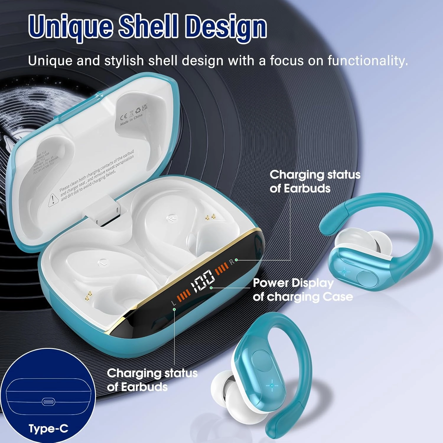 Wireless Earbuds Bluetooth 5.4 Headphones Sports, 75H Stereo Deep Bass Over Ear Buds with Earhooks, Bluetooth Earbuds with 4 ENC Mic, LED Display, IP7 Waterproof Earphone for Running, Blue