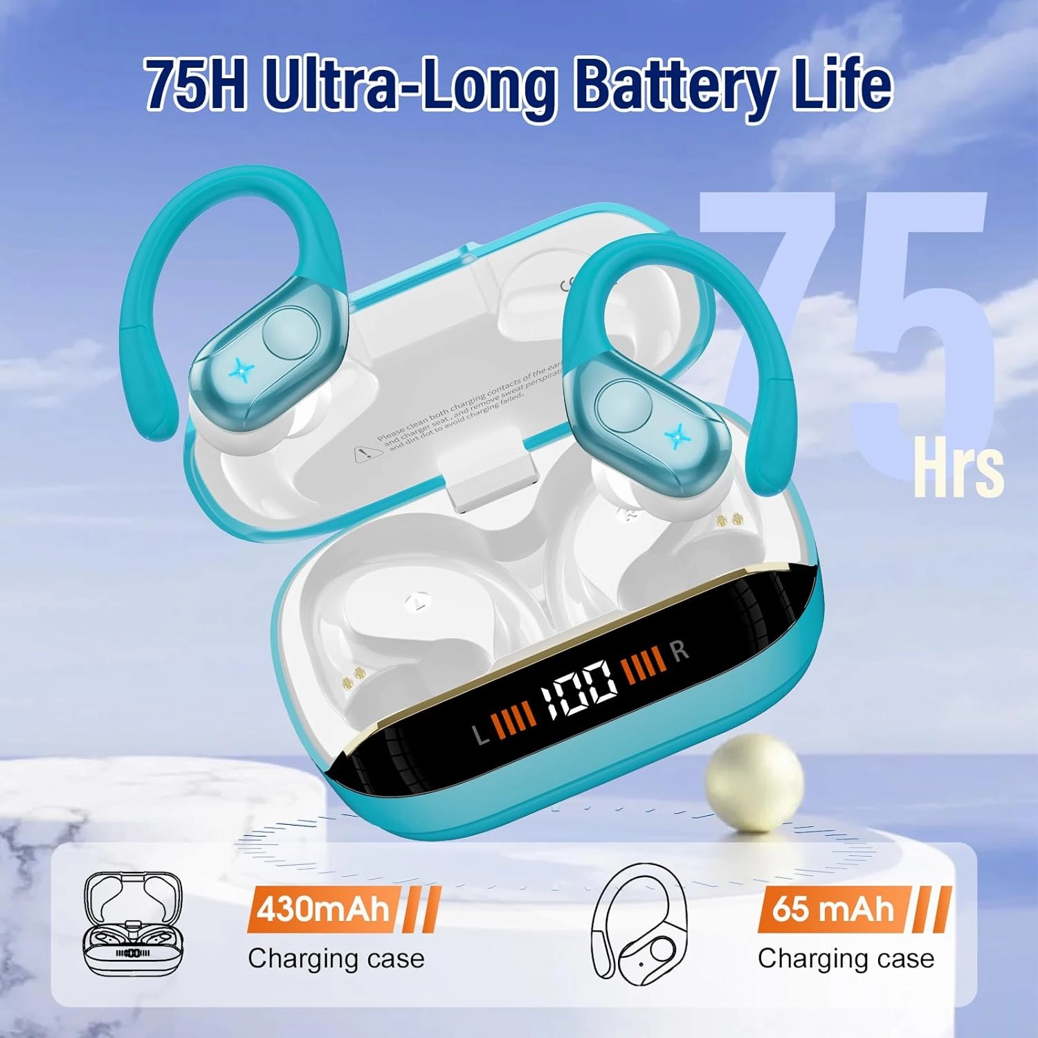 Wireless Earbuds Bluetooth 5.4 Headphones Sports, 75H Stereo Deep Bass Over Ear Buds with Earhooks, Bluetooth Earbuds with 4 ENC Mic, LED Display, IP7 Waterproof Earphone for Running, Blue